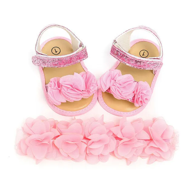 2019 Baby Summer Clothing Newborn Kid Baby Girl Flower Sandals Shoes Soft Sole Hook Casual Summer Shoes  Headband 2Pcs Solid Set
