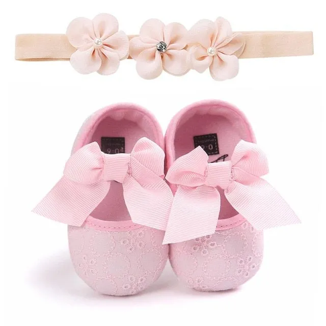 2019 Brand New Toddler Kids Baby Girls Boys Bowknot Shoes  Headband 2PCS Lace Floral Soft Shoes Spring First Walkers 0-18M
