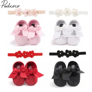 2019 Brand New Toddler Kids Baby Girls Boys Bowknot Shoes  Headband 2PCS Lace Floral Soft Shoes Spring First Walkers 0-18M