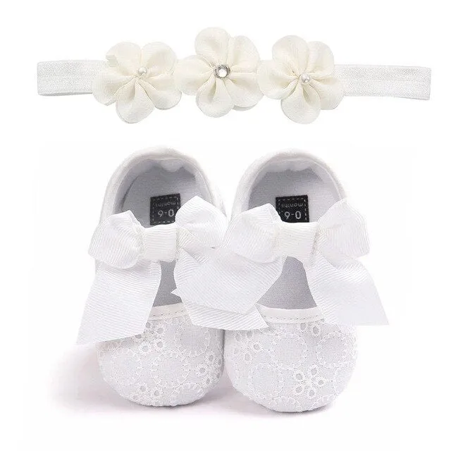 2019 Brand New Toddler Kids Baby Girls Boys Bowknot Shoes  Headband 2PCS Lace Floral Soft Shoes Spring First Walkers 0-18M