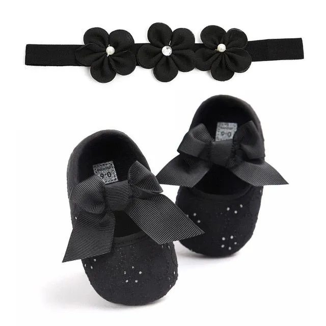 2019 Brand New Toddler Kids Baby Girls Boys Bowknot Shoes  Headband 2PCS Lace Floral Soft Shoes Spring First Walkers 0-18M