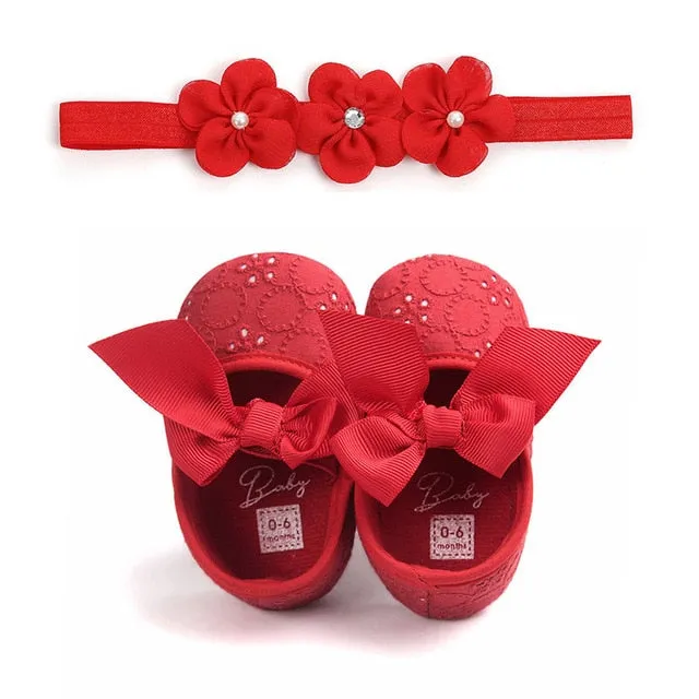 2019 Brand New Toddler Kids Baby Girls Boys Bowknot Shoes  Headband 2PCS Lace Floral Soft Shoes Spring First Walkers 0-18M