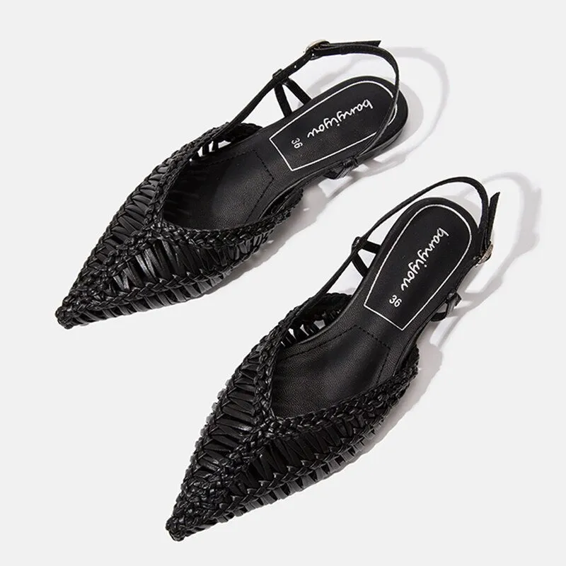 2023 Summer Weave Flat Sandals Women Pointed Toe Slingback Women Sandals Shallow Casual Ankle Buckle Gladiator Sandals For Women