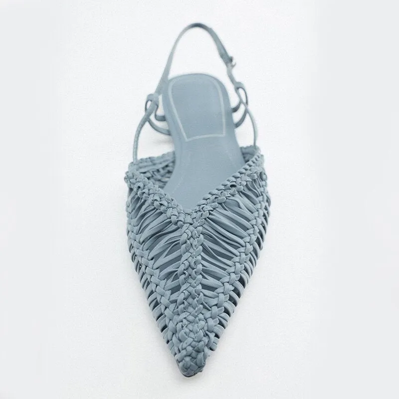 2023 Summer Weave Flat Sandals Women Pointed Toe Slingback Women Sandals Shallow Casual Ankle Buckle Gladiator Sandals For Women