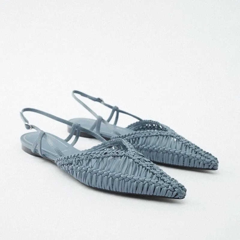 2023 Summer Weave Flat Sandals Women Pointed Toe Slingback Women Sandals Shallow Casual Ankle Buckle Gladiator Sandals For Women