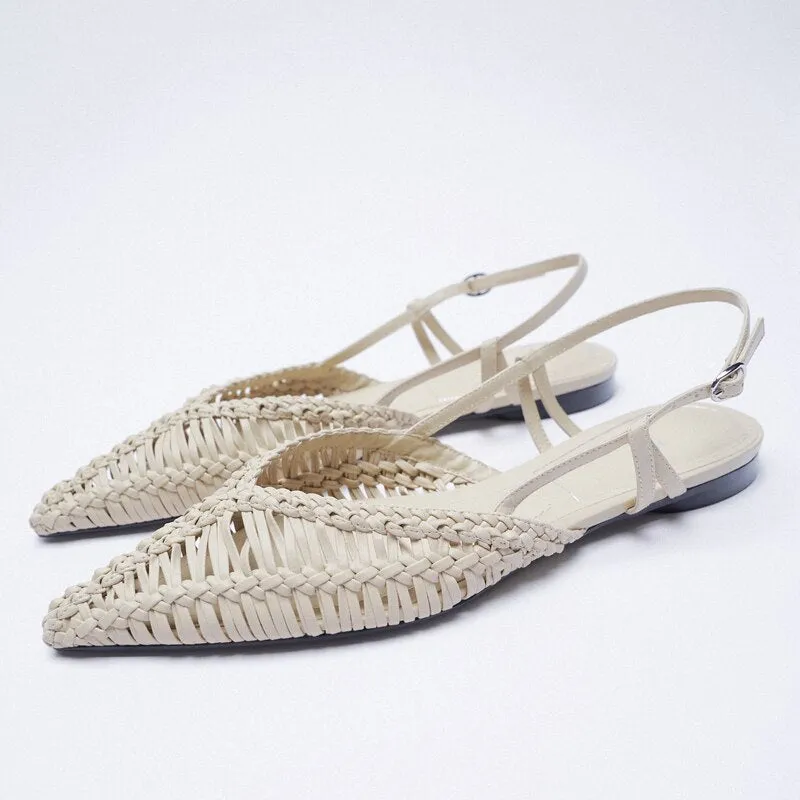 2023 Summer Weave Flat Sandals Women Pointed Toe Slingback Women Sandals Shallow Casual Ankle Buckle Gladiator Sandals For Women