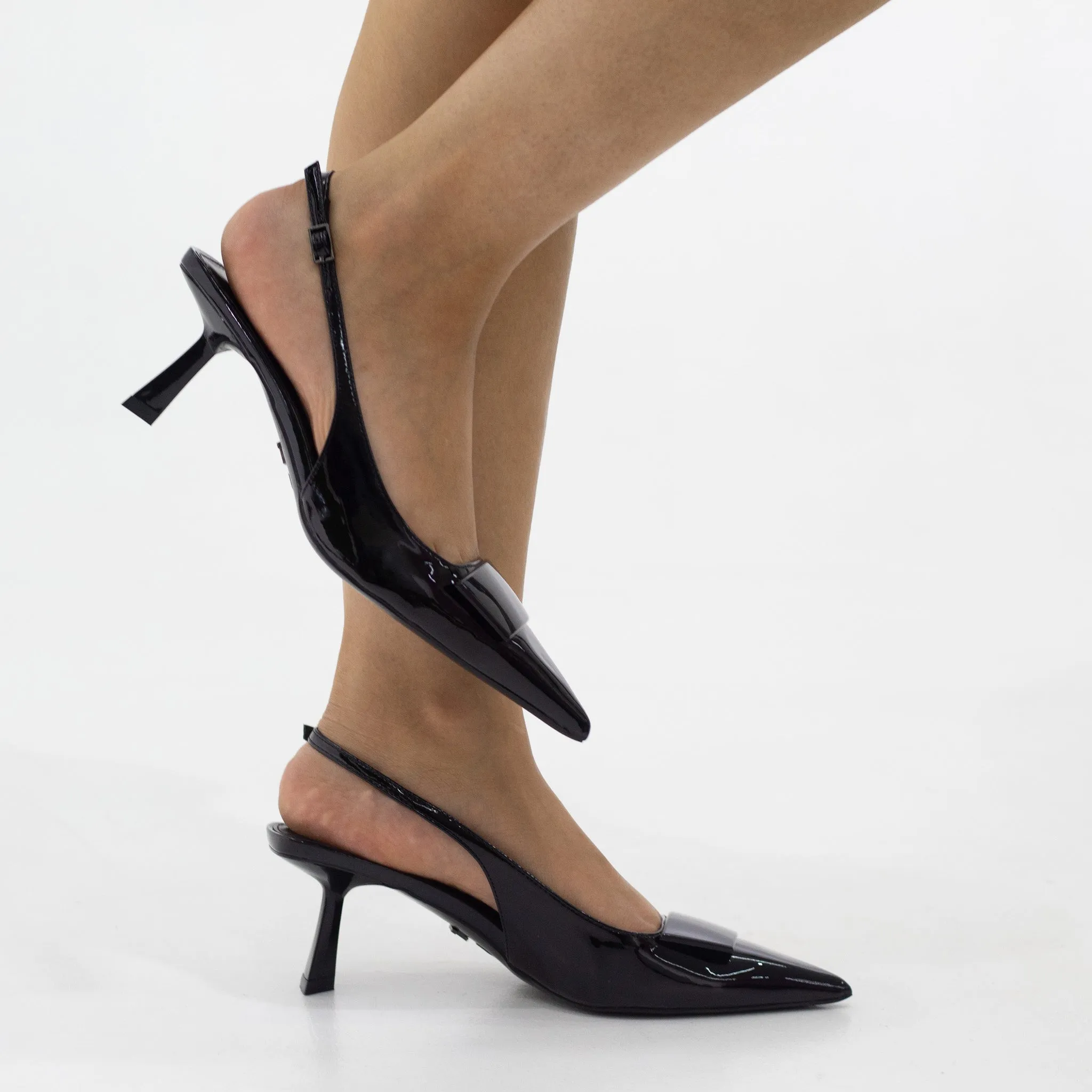 Abba glossy patent  sling back with reg trim  on a 4.5cm heel