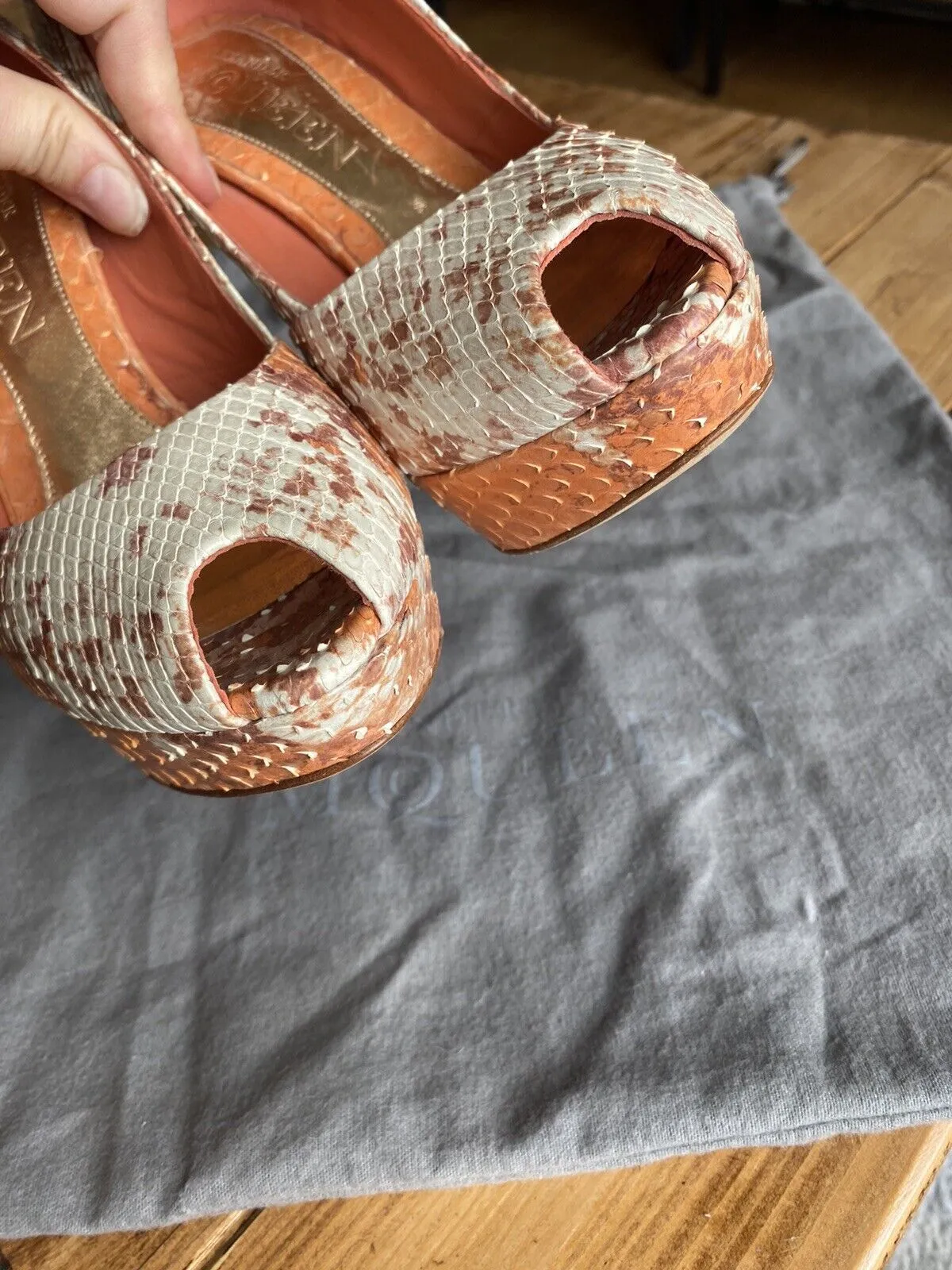 Alexander McQueen orange snake skin peep toe heels size UK5/US7