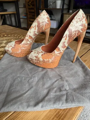 Alexander McQueen orange snake skin peep toe heels size UK5/US7