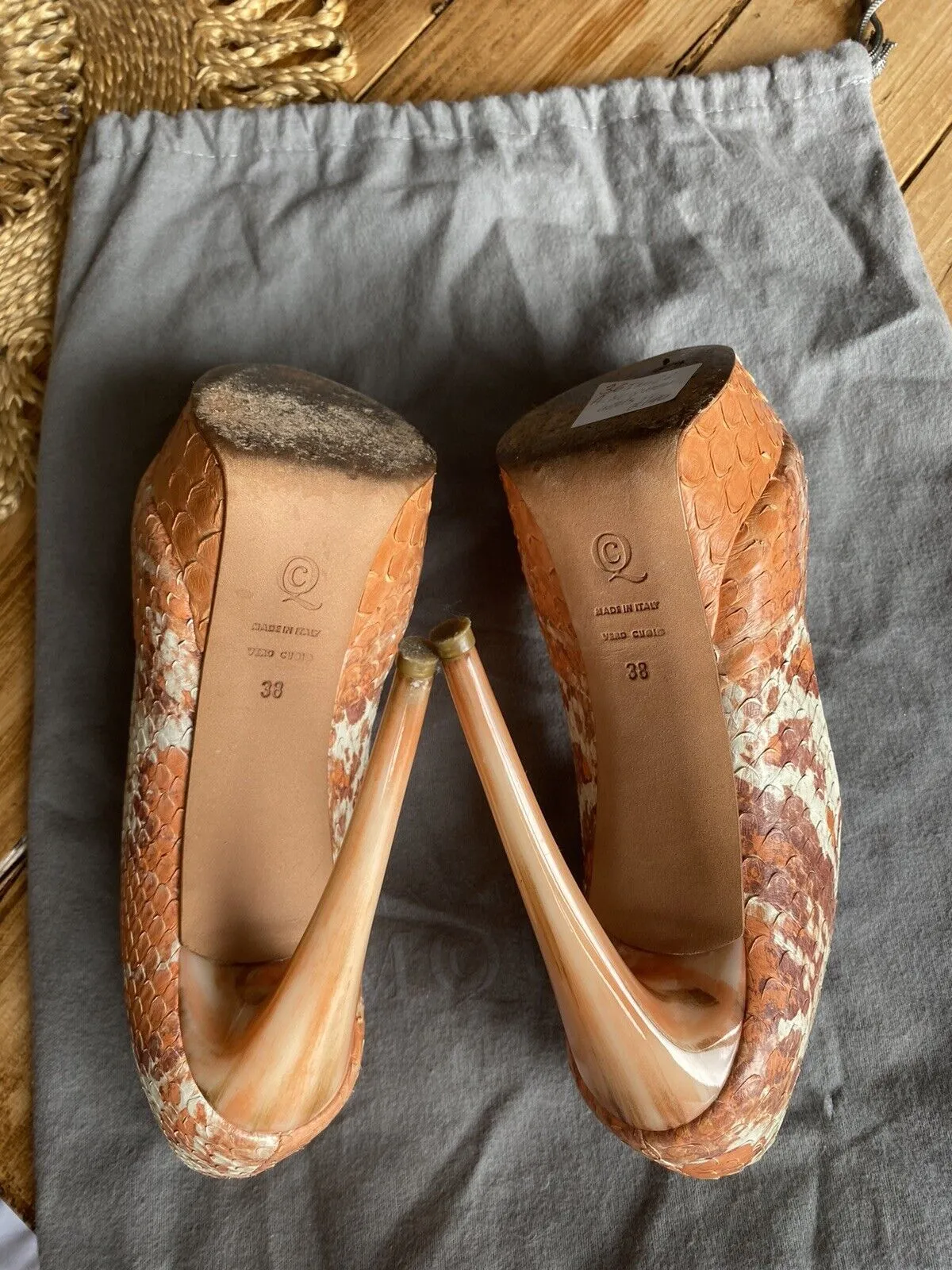 Alexander McQueen orange snake skin peep toe heels size UK5/US7
