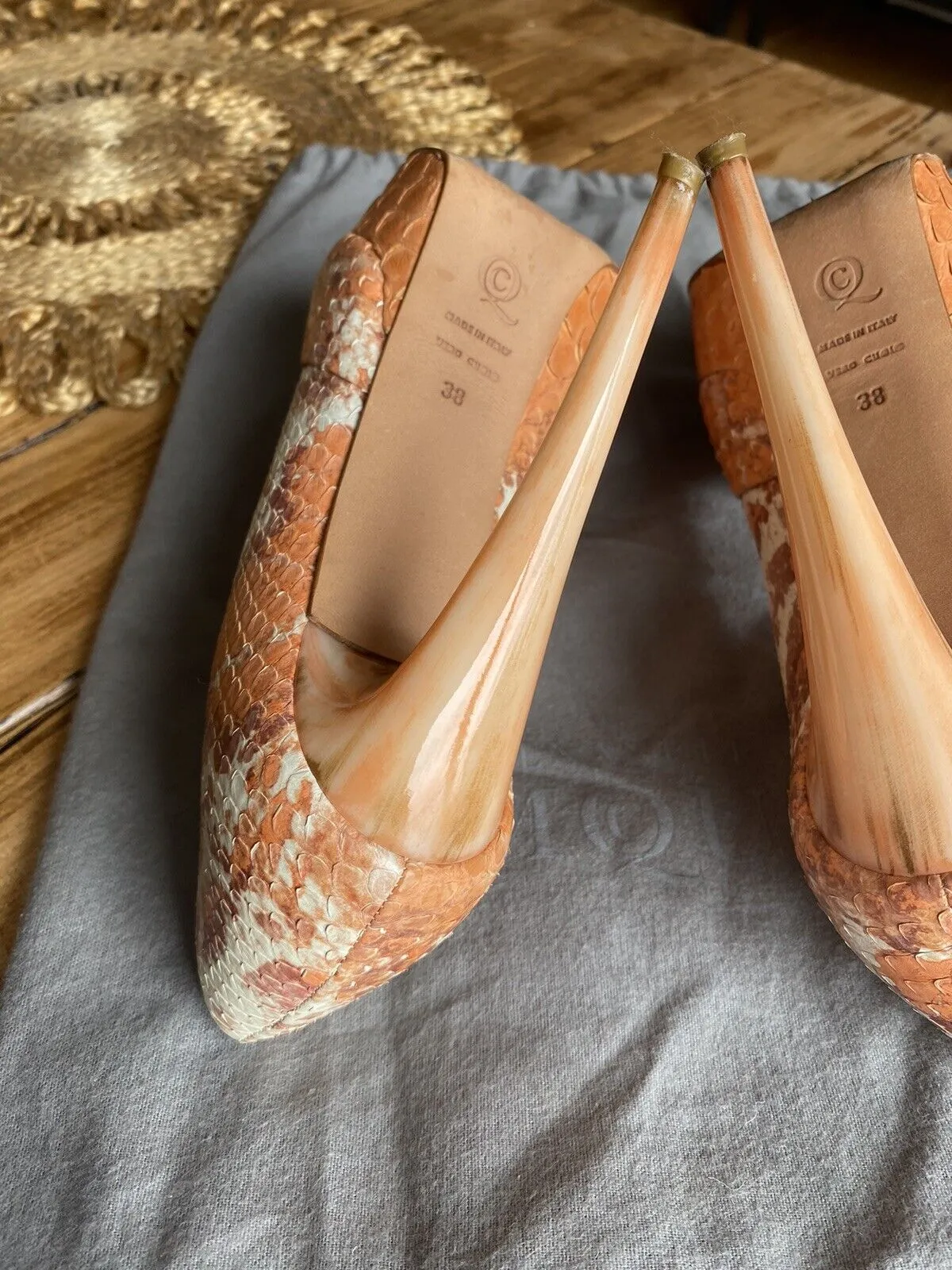 Alexander McQueen orange snake skin peep toe heels size UK5/US7