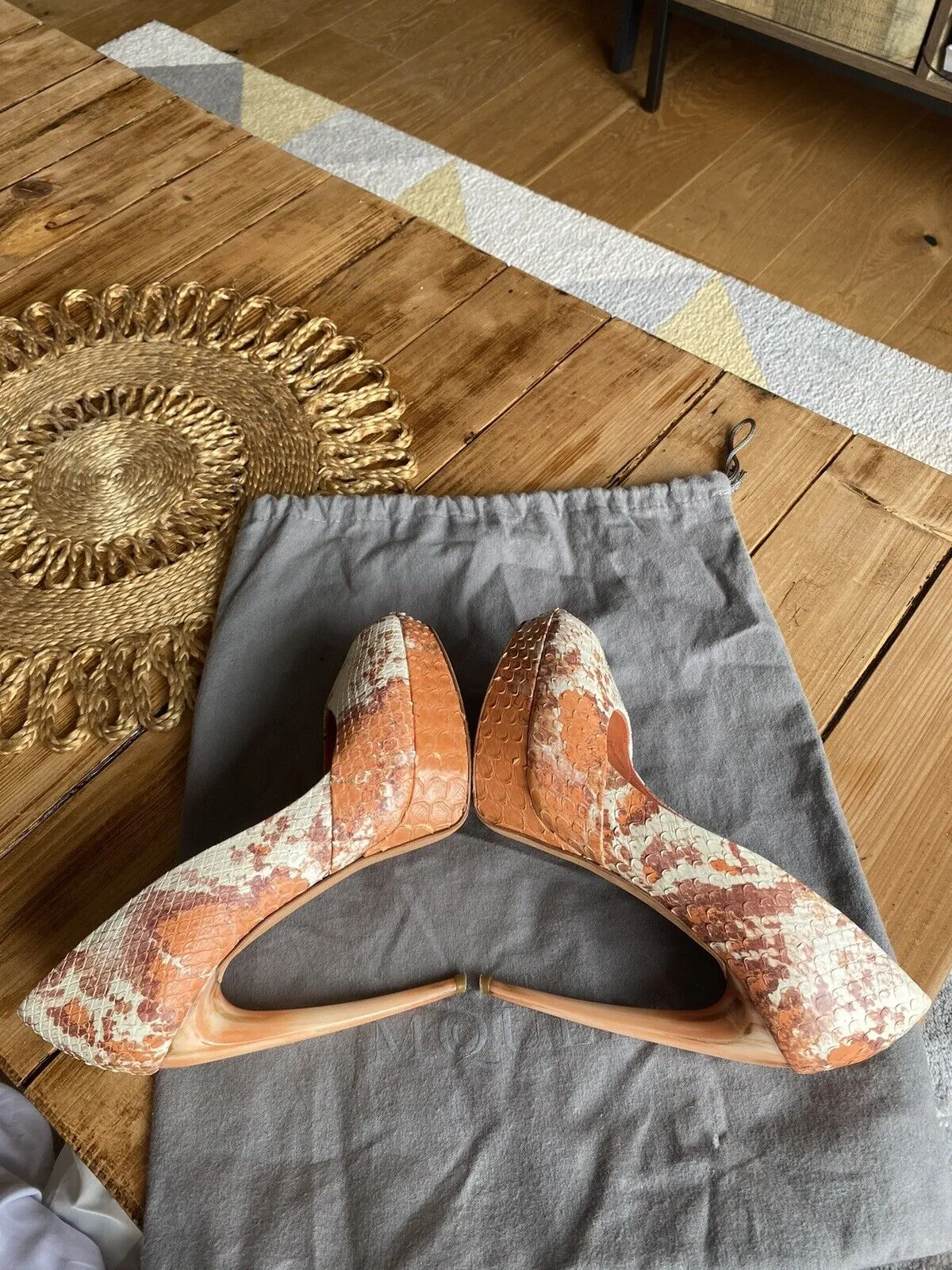 Alexander McQueen orange snake skin peep toe heels size UK5/US7