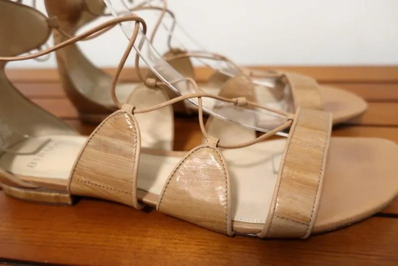 Alexandre Birman Gladiator Sandals Beige Eel Skin Size 38.5 Lace-Up Flat