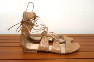 Alexandre Birman Gladiator Sandals Beige Eel Skin Size 38.5 Lace-Up Flat