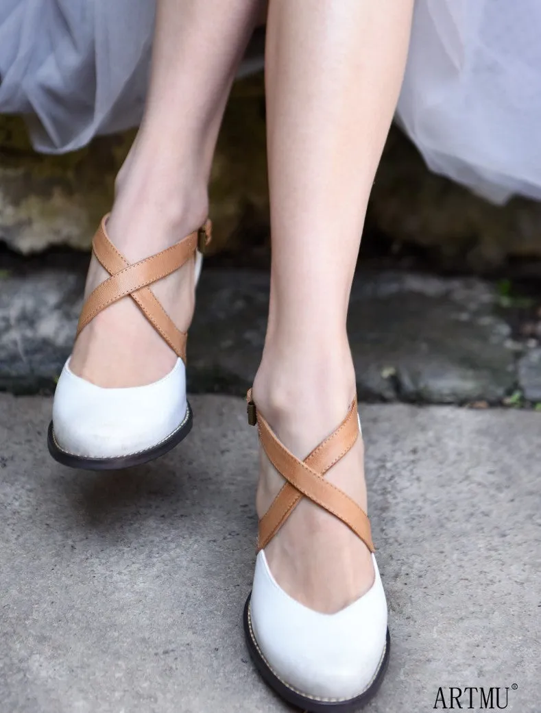ARTMU VINTAGE INSPIRED CROSS STRAP HEELED SHOES IN WHITE