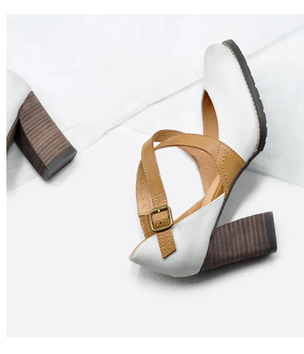 ARTMU VINTAGE INSPIRED CROSS STRAP HEELED SHOES IN WHITE