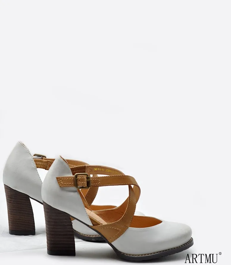 ARTMU VINTAGE INSPIRED CROSS STRAP HEELED SHOES IN WHITE