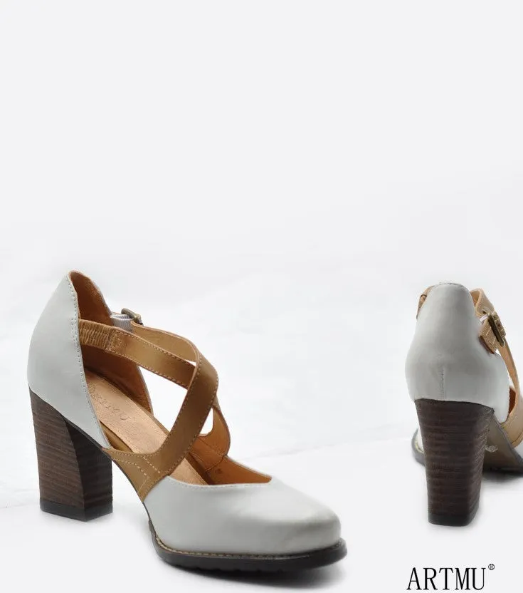 ARTMU VINTAGE INSPIRED CROSS STRAP HEELED SHOES IN WHITE