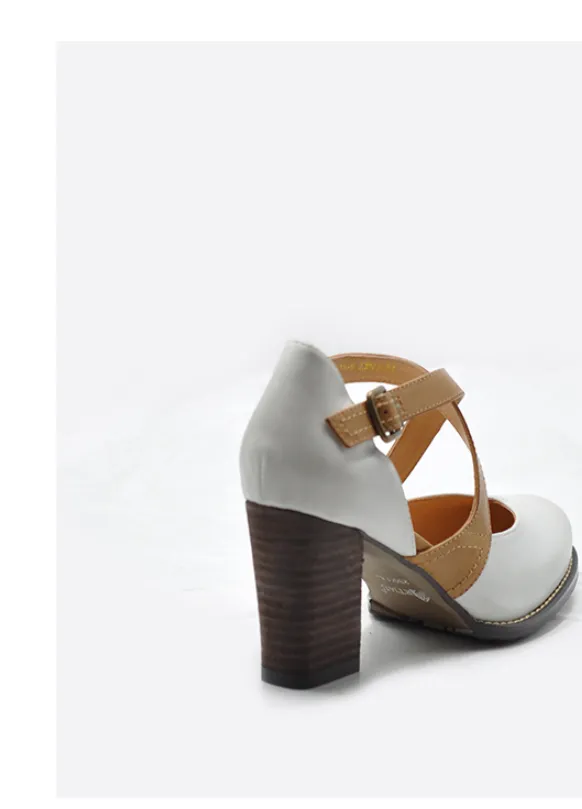 ARTMU VINTAGE INSPIRED CROSS STRAP HEELED SHOES IN WHITE