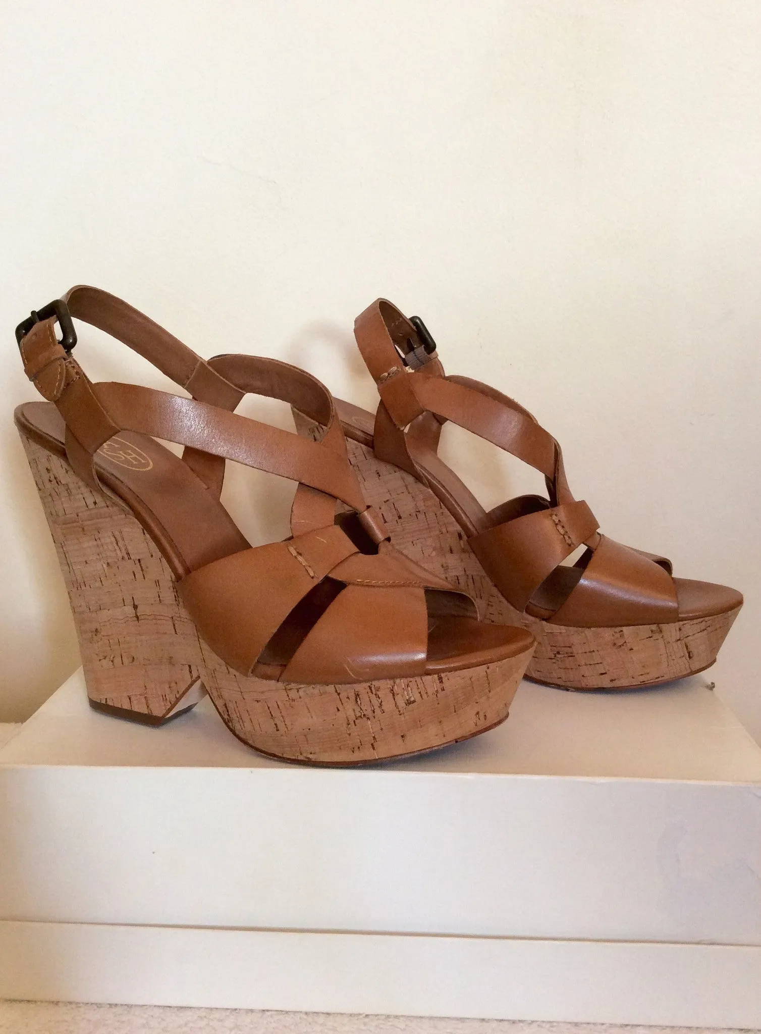 Ash Tan Leather Platform Wedge Heel Sandals Size 6/39