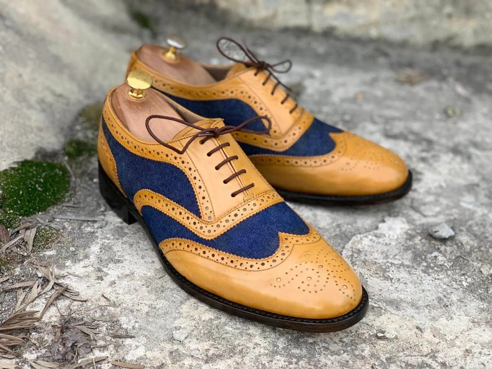 Awesome Handmade Men's Tan Blue Leather Denim Wing Tip Brogue Shoes, Men Dress Formal Lace Up Shoes