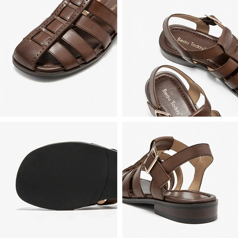 BeauToday Calfskin Leather Gladiator Fisherman Sandals with Adjustable Buckle Design for Women
