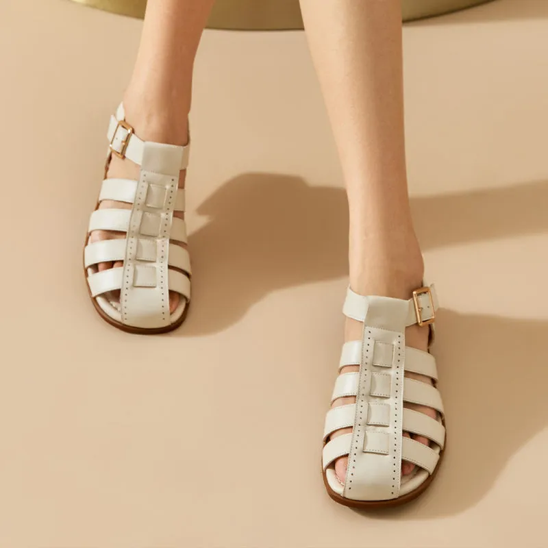 BeauToday Calfskin Leather Gladiator Fisherman Sandals with Adjustable Buckle Design for Women