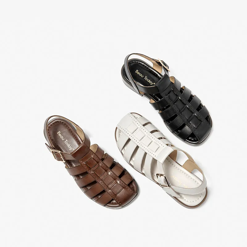 BeauToday Calfskin Leather Gladiator Fisherman Sandals with Adjustable Buckle Design for Women