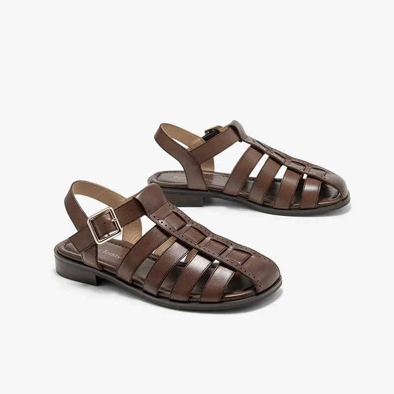 BeauToday Calfskin Leather Gladiator Fisherman Sandals with Adjustable Buckle Design for Women