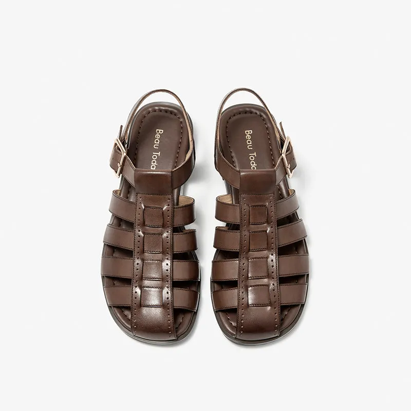 BeauToday Calfskin Leather Gladiator Fisherman Sandals with Adjustable Buckle Design for Women
