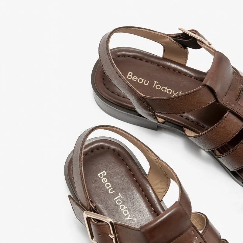 BeauToday Calfskin Leather Gladiator Fisherman Sandals with Adjustable Buckle Design for Women