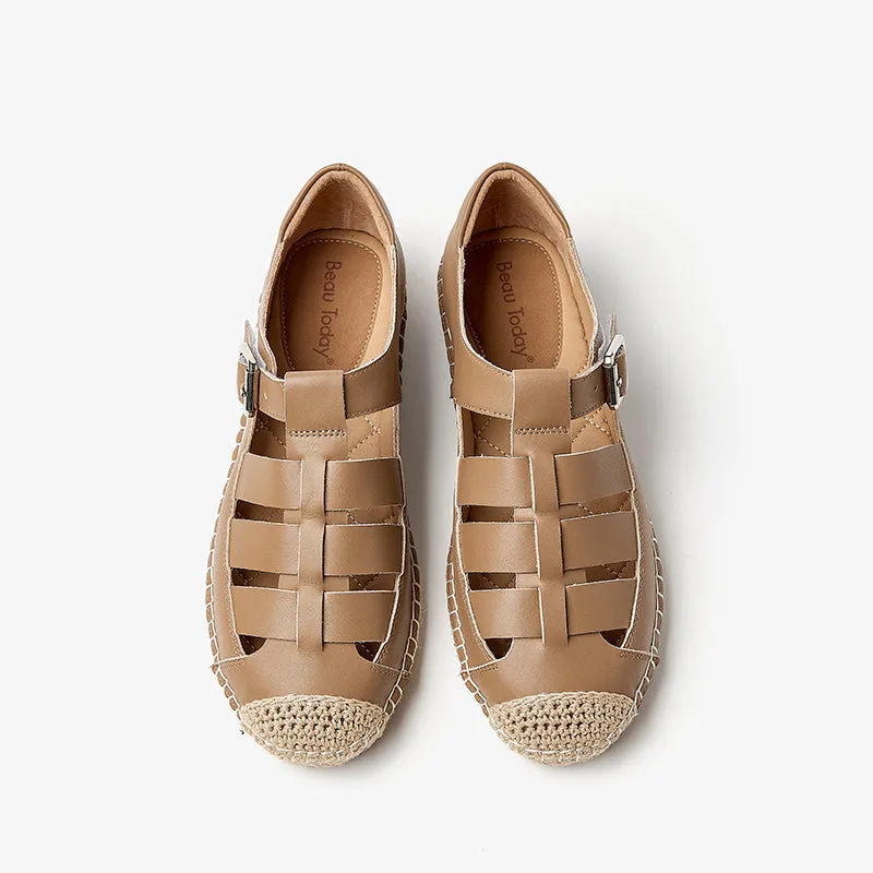 BeauToday Leather Fisherman Espadrilles Flats with Buckle Closure for Women