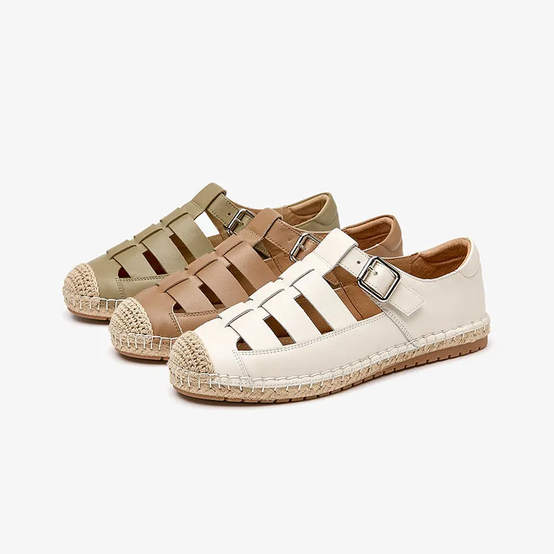 BeauToday Leather Fisherman Espadrilles Flats with Buckle Closure for Women