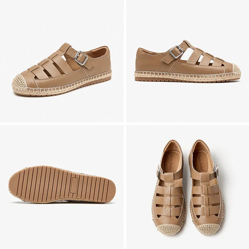 BeauToday Leather Fisherman Espadrilles Flats with Buckle Closure for Women