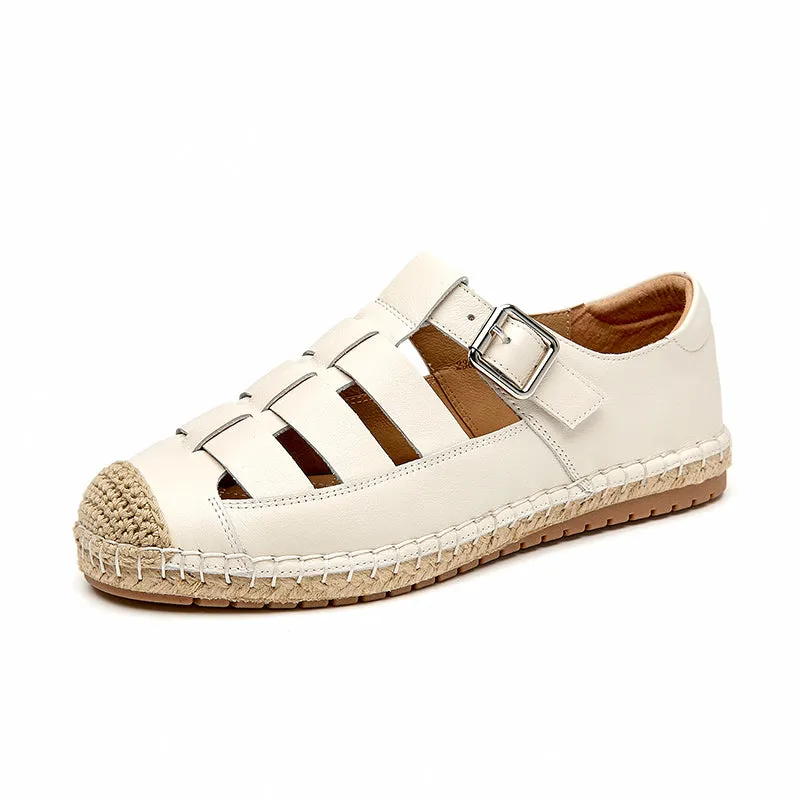 BeauToday Leather Fisherman Espadrilles Flats with Buckle Closure for Women