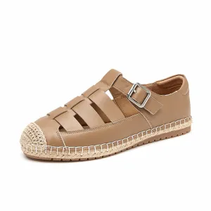 BeauToday Leather Fisherman Espadrilles Flats with Buckle Closure for Women