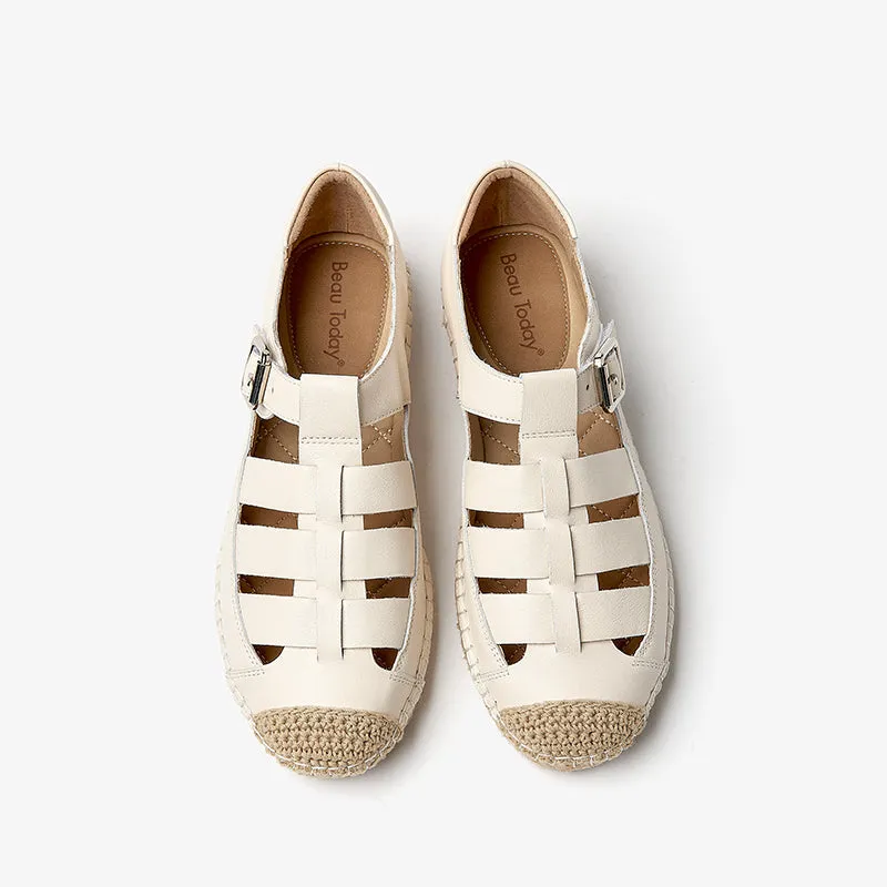 BeauToday Leather Fisherman Espadrilles Flats with Buckle Closure for Women