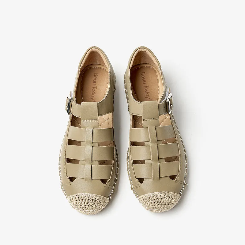 BeauToday Leather Fisherman Espadrilles Flats with Buckle Closure for Women