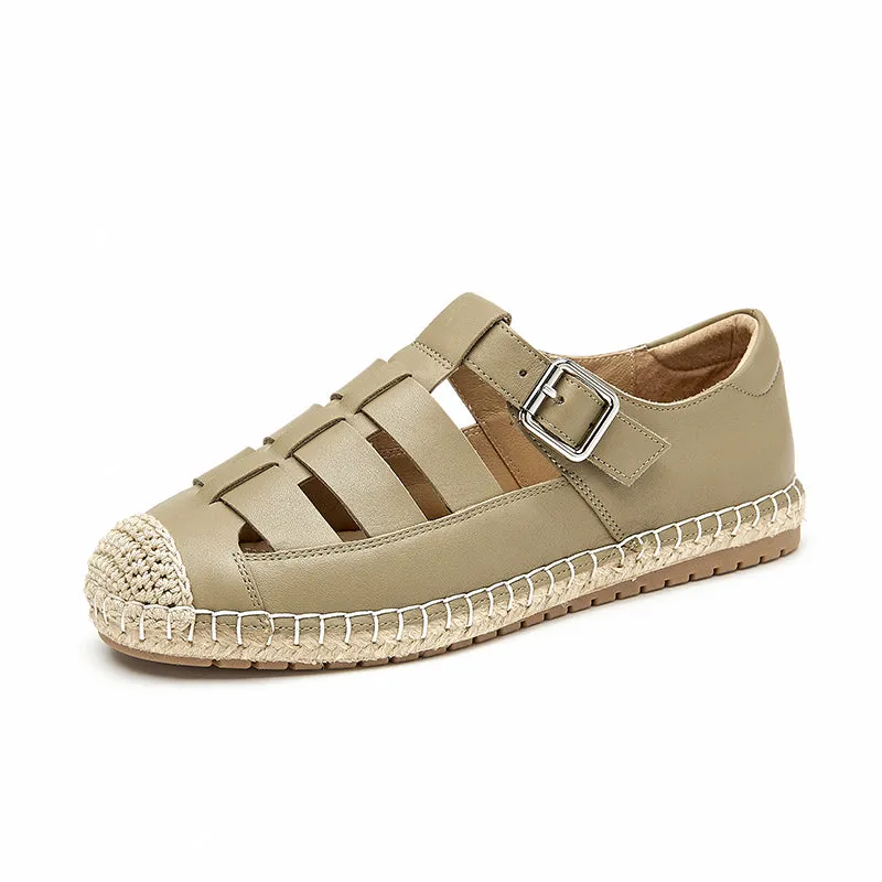 BeauToday Leather Fisherman Espadrilles Flats with Buckle Closure for Women