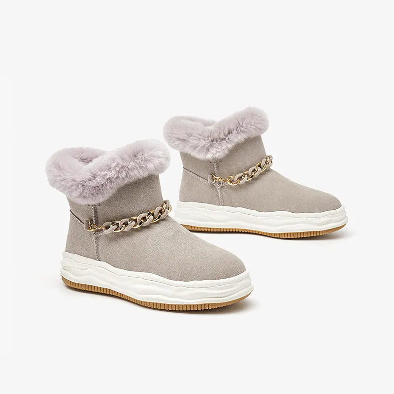 BeauToday Women Cow Suede Leather Ankle Boots Snow Boots with Chain Decoration
