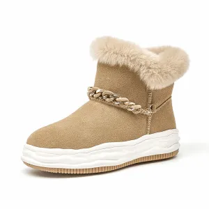 BeauToday Women Cow Suede Leather Ankle Boots Snow Boots with Chain Decoration