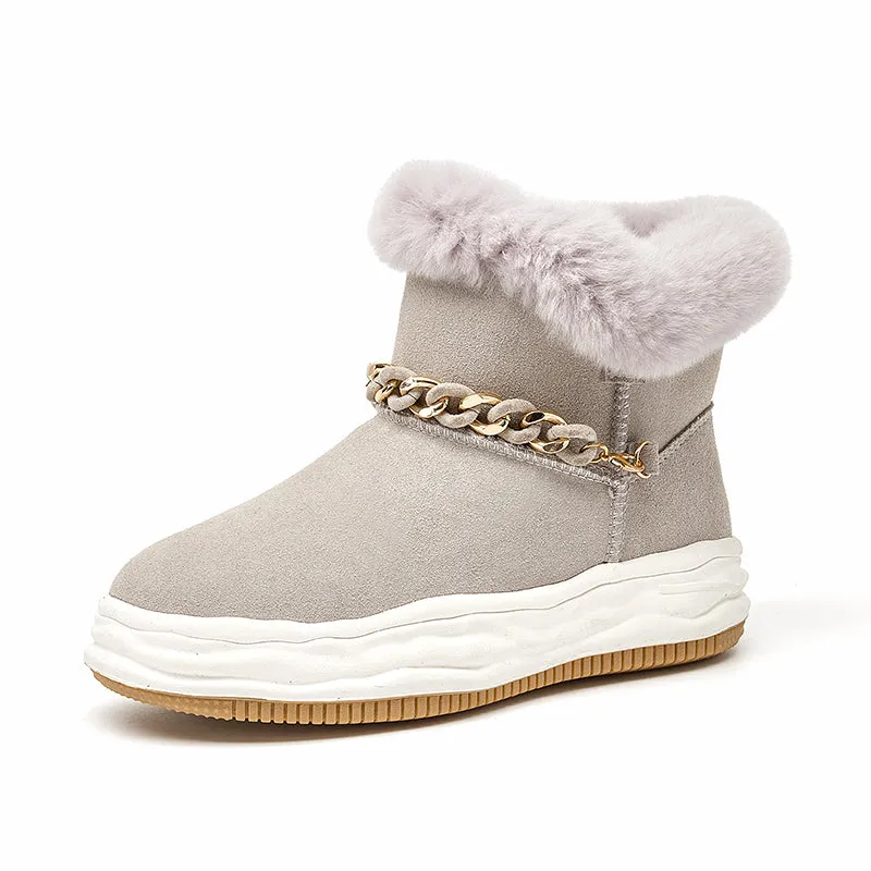 BeauToday Women Cow Suede Leather Ankle Boots Snow Boots with Chain Decoration