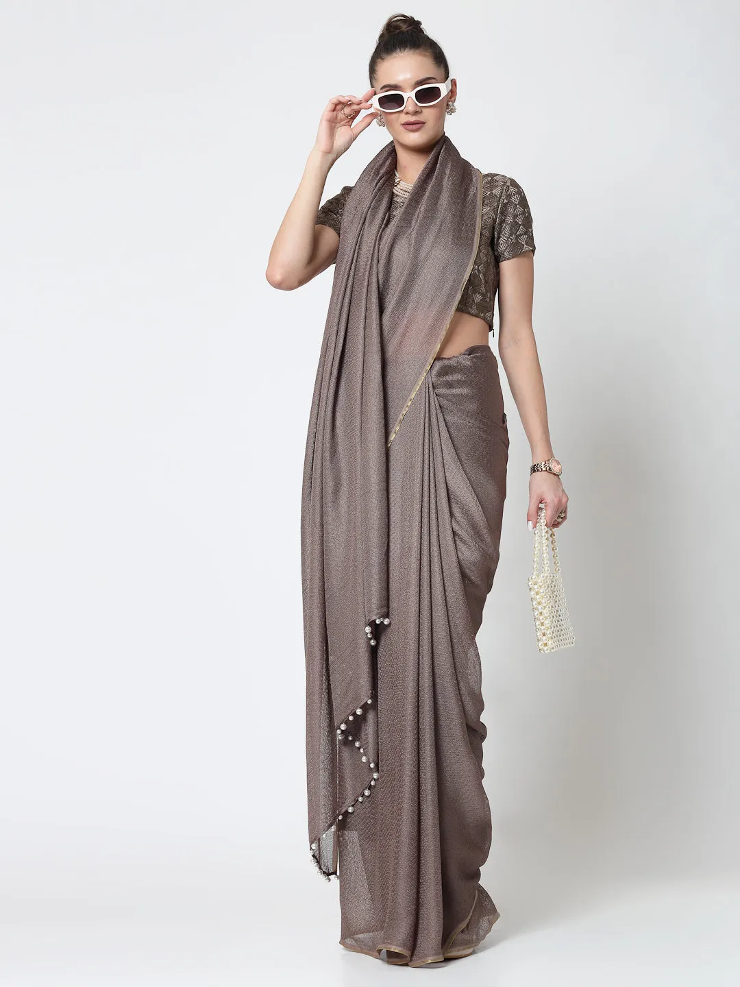 Beige Jute Saree With Pearls