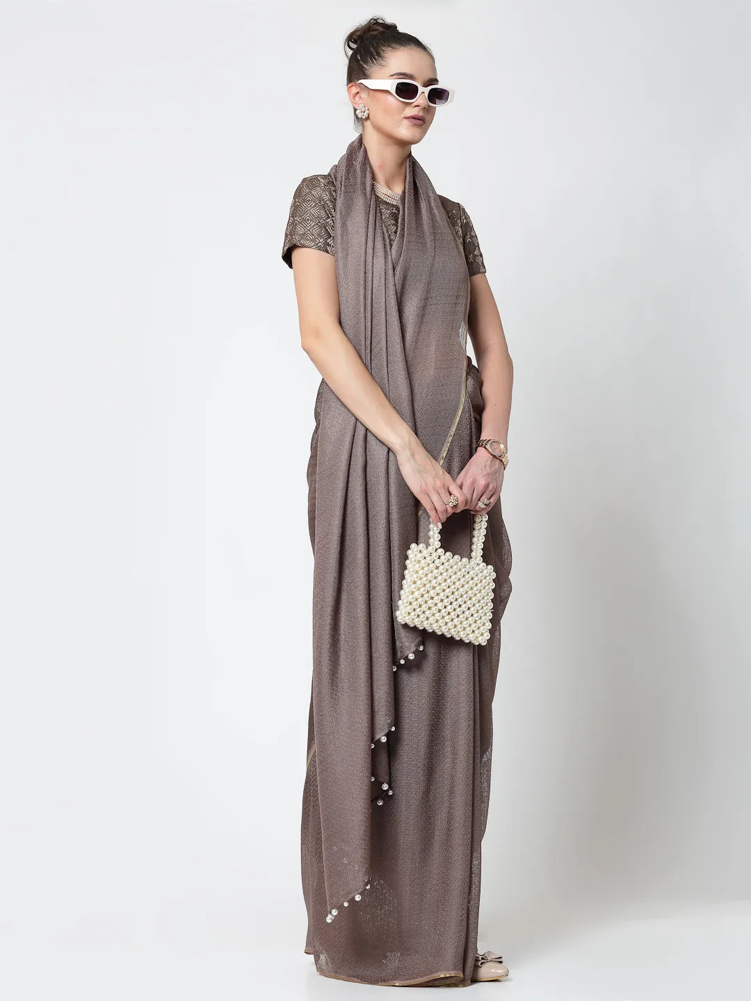 Beige Jute Saree With Pearls