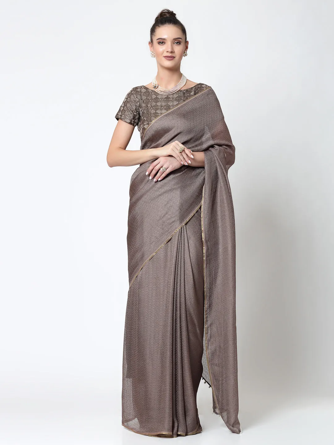 Beige Jute Saree With Pearls