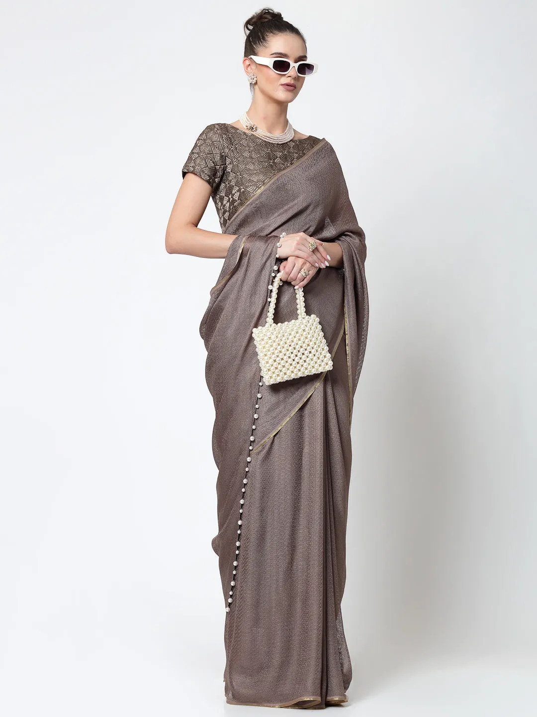 Beige Jute Saree With Pearls