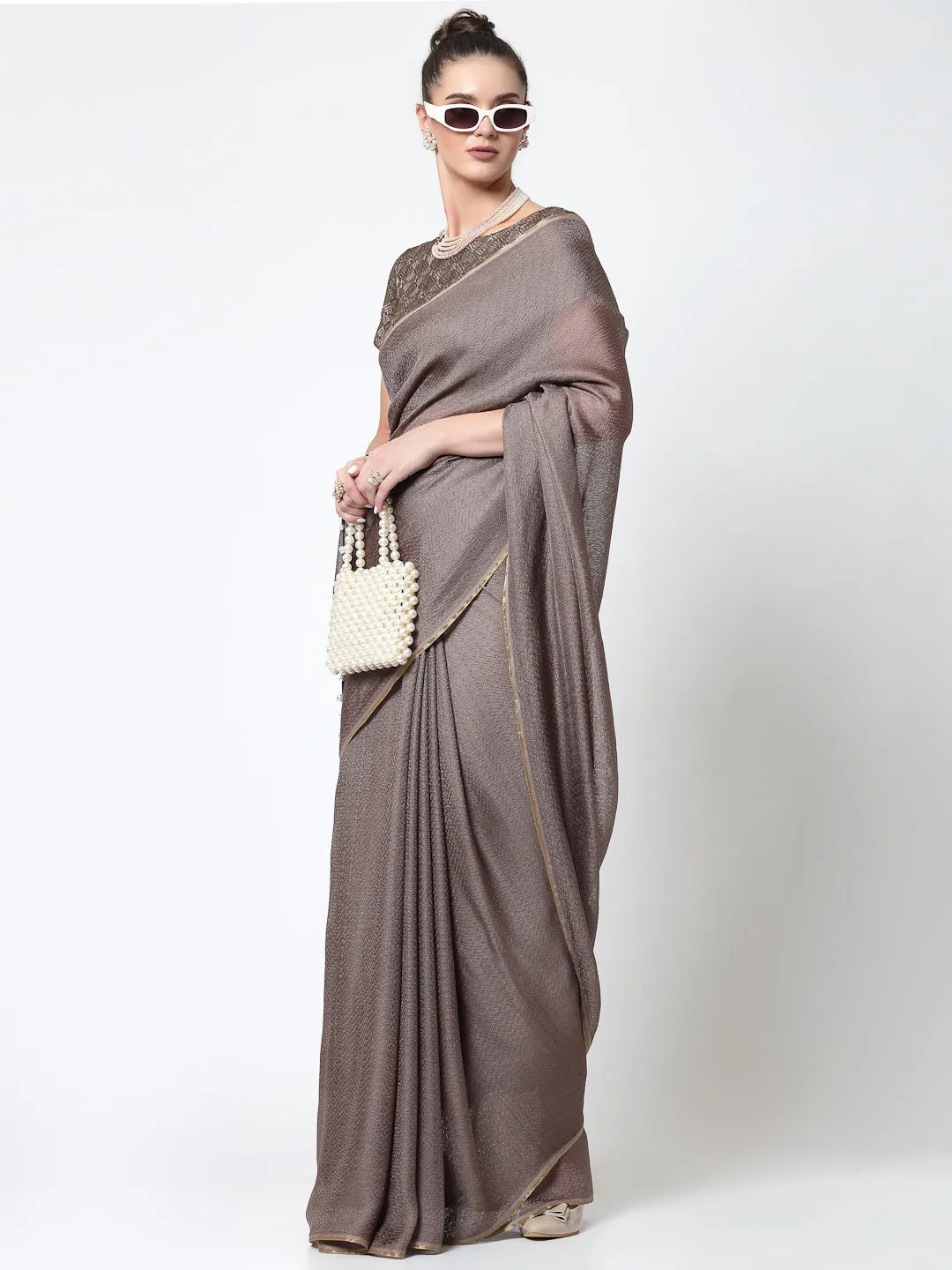 Beige Jute Saree With Pearls