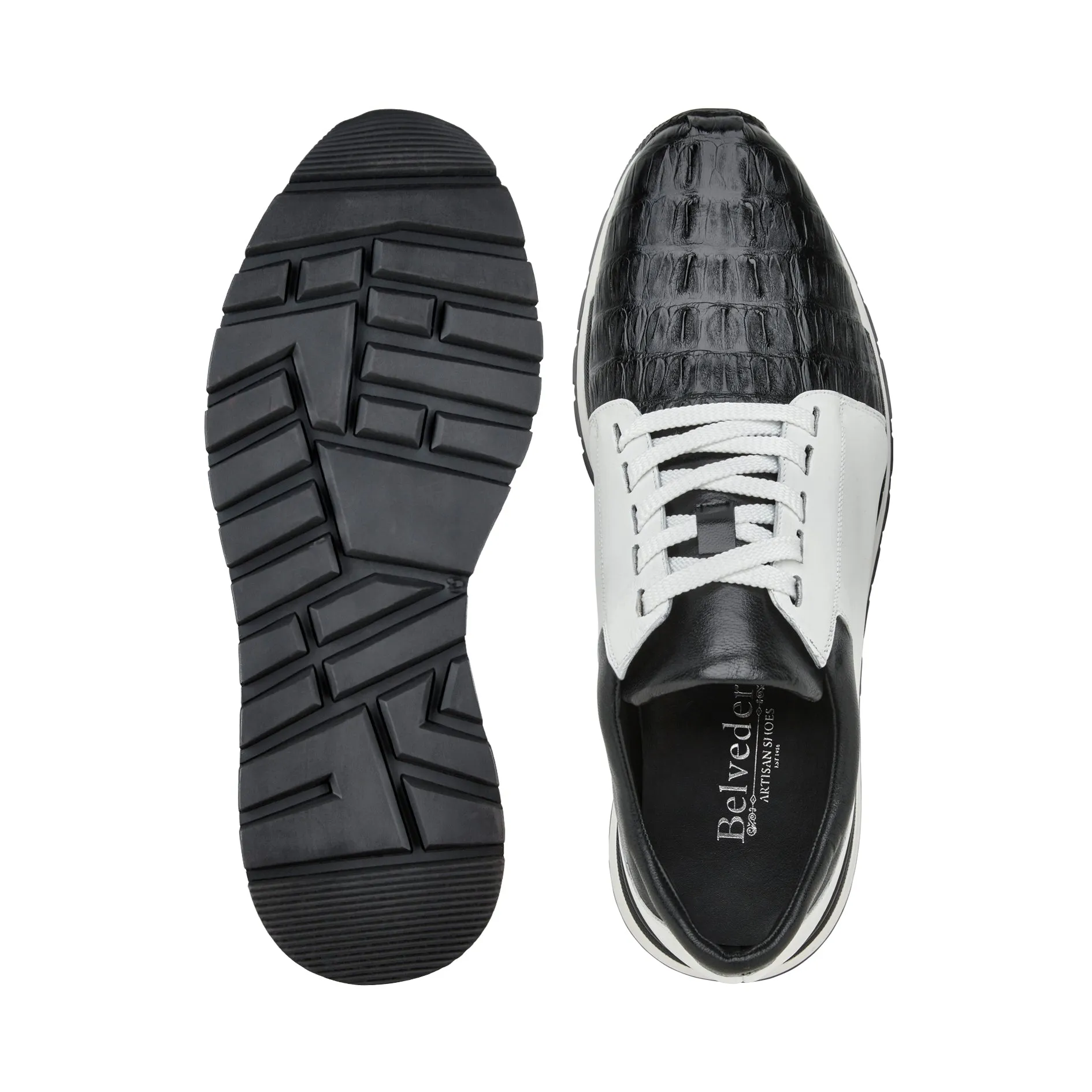 Belvedere 33631 Titan Men's Shoes Black & White Exotic Caiman Crocodile / Calf-Skin Leather Casual Sneakers (BV3169)