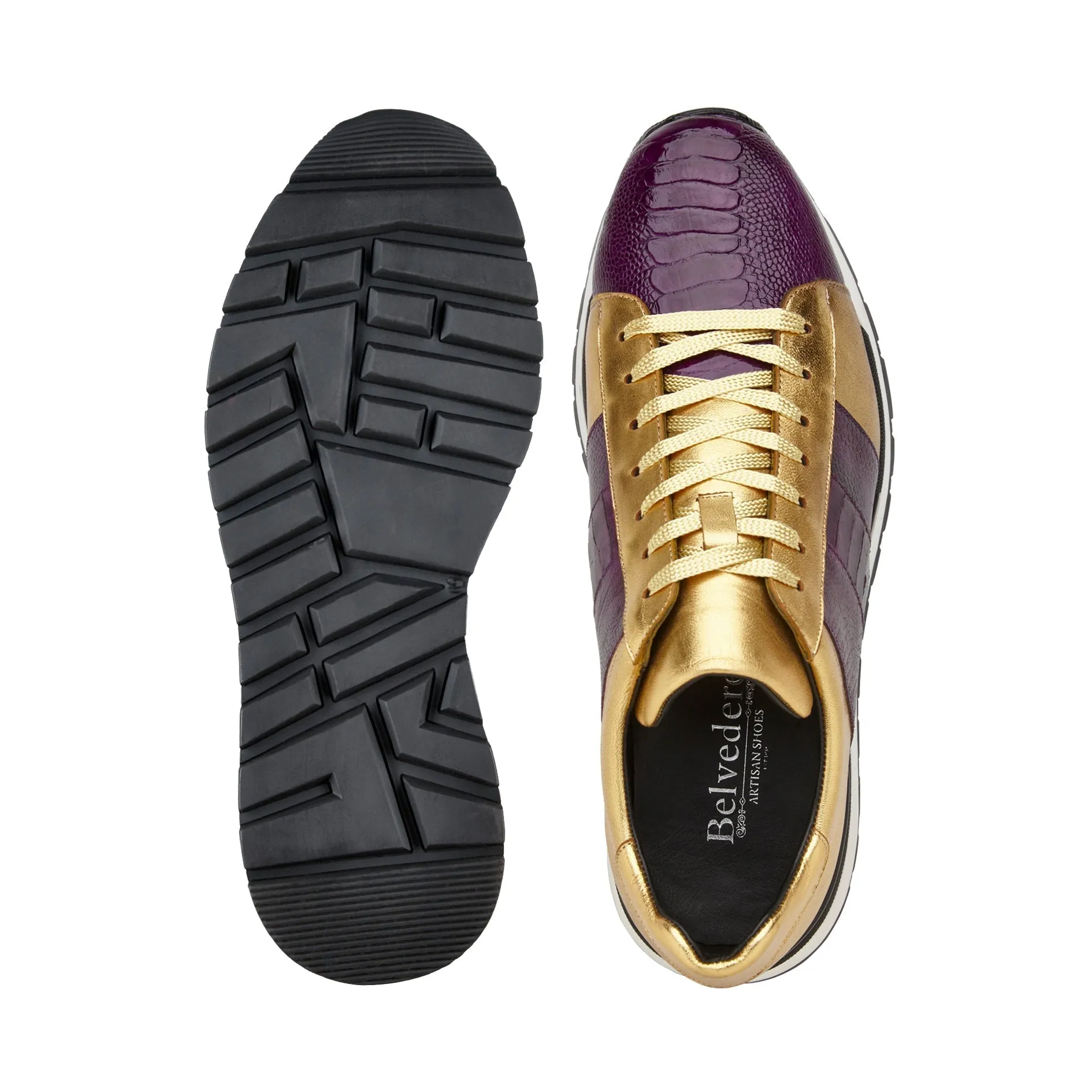 Belvedere Blake 33629 Shoes Men's Purple & Gold Exotic Genuine Ostrich / Calf-Skin Leather Casual Sneakers (BV3167)