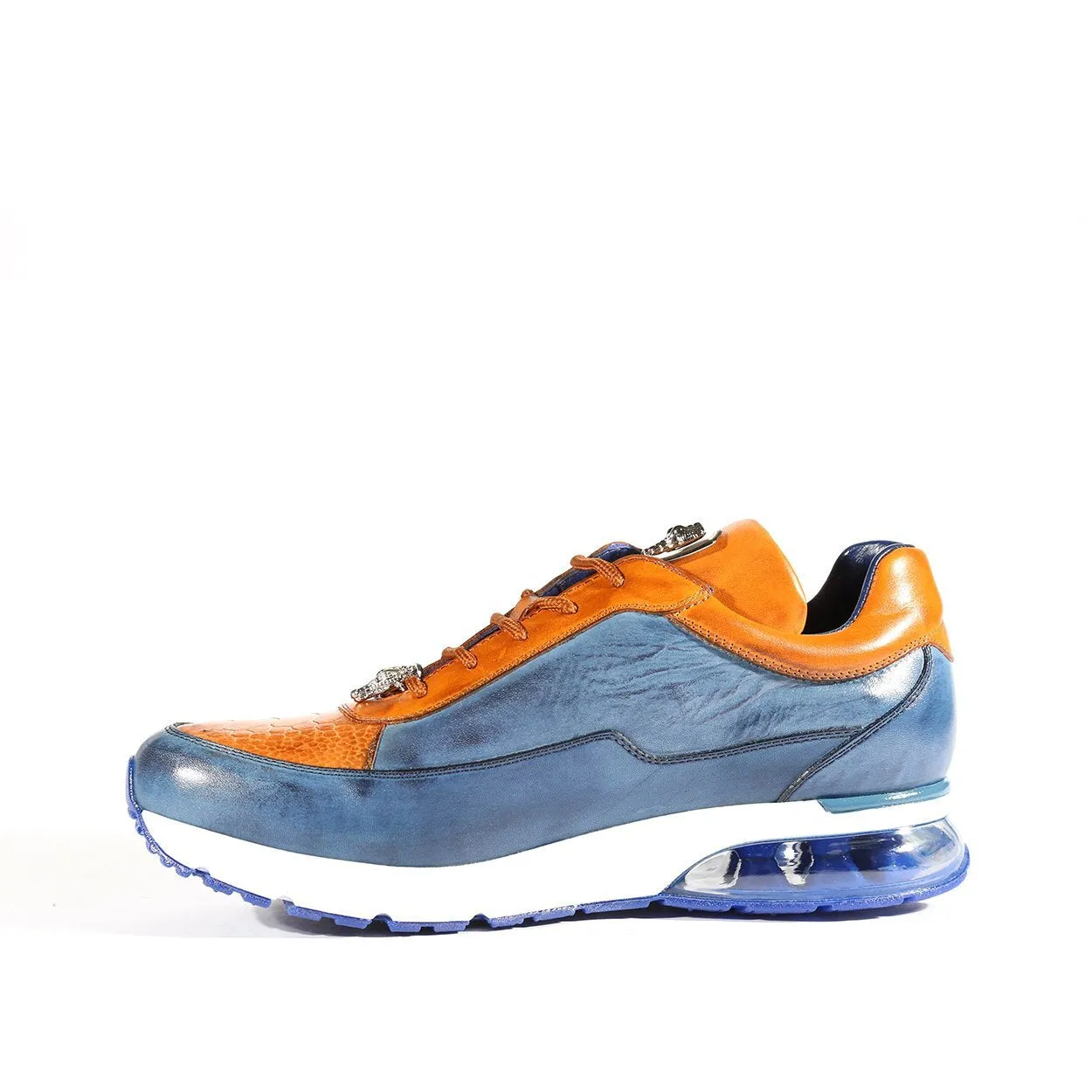 Belvedere E01 Flash Men's Shoes Blue Safari & Almond Exotic Ostrich / Calf-Skin Leather Casual Sneakers (BV2967)